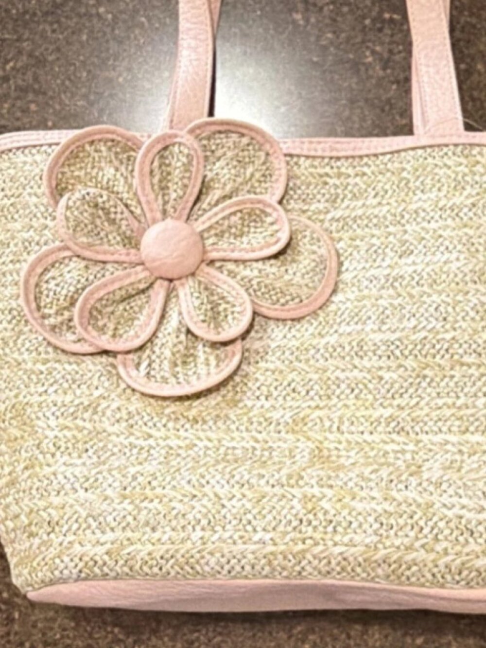 Bueno Straw Tote Bag Pink Faux Leather Trim, Straps, Bottom Large Flower Accent - Picture 5 of 7